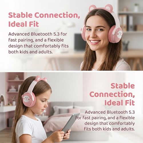 [65H Playtime] Cute Animal Ear Kids Bluetooth Headphones for Girls Women, Wireless Headphones with Microphone, Foldable Over-Ear Headset for School Travel, Pink - color: Pink