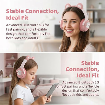 [65H Playtime] Cute Animal Ear Kids Bluetooth Headphones for Girls Women, Wireless Headphones with Microphone, Foldable Over-Ear Headset for School Travel, Pink - color: Pink
