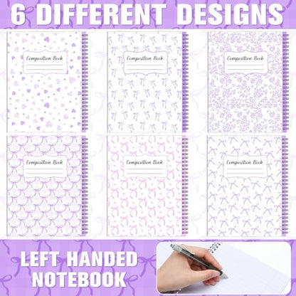 AmazingSpark 6 Pack Lefty Preppy Notebook Cute Bow Coquette Journal 7" x 9" College Wide Ruled 110 Pages Left Handed Aesthetic School Supplies Gifts for Teens Girls Women(Spiral,Purple Bow) - color: Purple Bow, style: Spiral