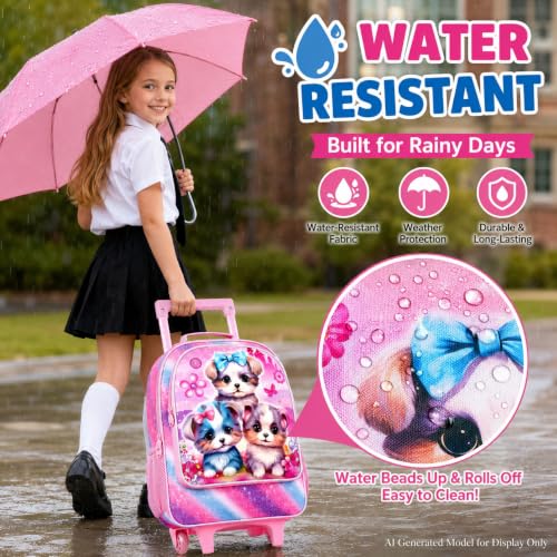 AGSDON 3PCS Rolling Backpack for Girls and Boys, Kids Roller Wheels Bookbag, Wheeled Elementary School Bag with Lunch Bag - color: Three Dog
