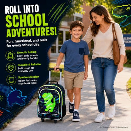 CCJPX 3PCS Dinosaur Rolling Backpack for Boys, 18" Kids Dinosaur Backpacks with Roller Wheels, Wheeled Bookbag with Lunch Box for Toddler Elementary School (Black) - color: Black Green Dinosaur