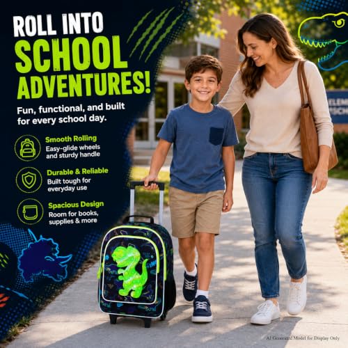 CCJPX 3PCS Dinosaur Rolling Backpack for Boys, 18" Kids Dinosaur Backpacks with Roller Wheels, Wheeled Bookbag with Lunch Box for Toddler Elementary School (Black) - color: Black Green Dinosaur