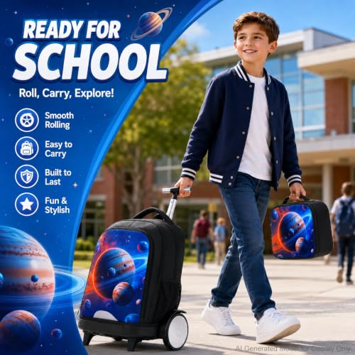 AGSDON Quiet Rolling Backpack with Lunch Box Set – Large‑Wheel Water‑Resistant Wheeled Bag for School, Outings, and Travel | Galactic Earth 3‑Piece Organizer Backpack - color: Big Wheel Rolling Backpack Galactic Earth
