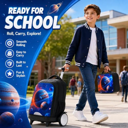 AGSDON Quiet Rolling Backpack with Lunch Box Set – Large‑Wheel Water‑Resistant Wheeled Bag for School, Outings, and Travel | Galactic Earth 3‑Piece Organizer Backpack - color: Big Wheel Rolling Backpack Galactic Earth