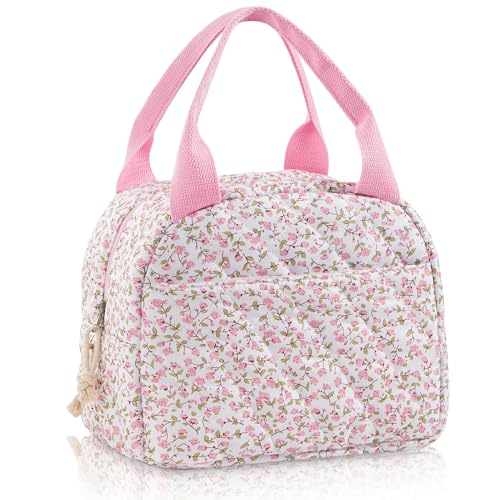Lunch Bag for Women Insulated Cotton Quilted Lunch Box Reusable Cooler Bag Portable Cute Floral Leakproof Tote Bags for Travel, Work, and Picnic, Pink Flower - color: Pink Flower, size: M