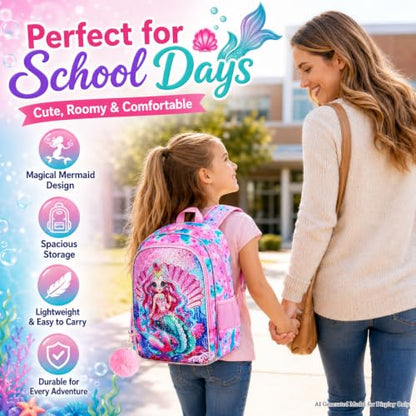 gxtvo 3PCS Girls Backpack, 16" Sequin Prechool Elementary Bookbag and Lunch Box - color: Bk Mermaid Pink New