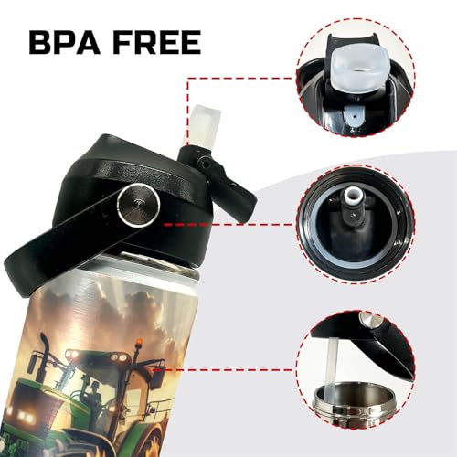 Tractor Kids Water Bottle 12oz Stainless Steel Insulated Bottle Vacuum Leak Proof Straw Lid with Double Wall BPA Free School (Color2) - color: Color2