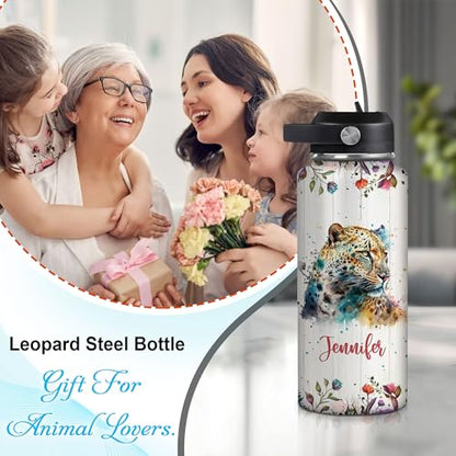 Hyturtle Personalized Leopard Water Bottle - Insulated Stainless Steel Bottle with Leak-Proof Lid 18oz 32oz - Animal Lover Gift for Women, Girls, Leopard Lovers - Birthday & Christmas Gift - color: Leopard