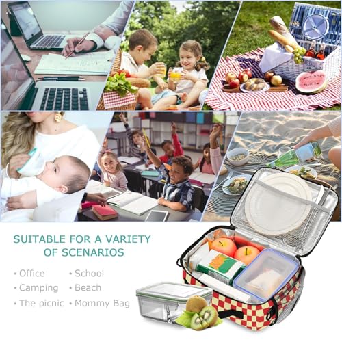 Custom Student Lunch Bag for Boys Girls Red Yellow Checkerboard Personalized Lunch Box With Name Insulated Cooler Bag for School Picnic Travel - color: Multi04