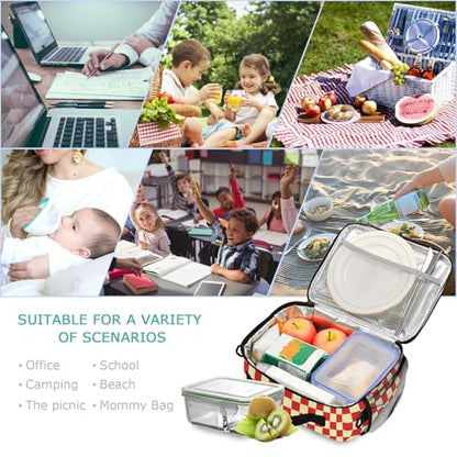 Custom Student Lunch Bag for Boys Girls Red Yellow Checkerboard Personalized Lunch Box With Name Insulated Cooler Bag for School Picnic Travel - color: Multi04