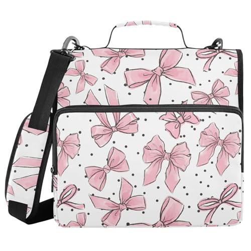 Pink Bows Dots 3 Ring Binder Bag 1.5 inch Binder Organizer with Zipper Shoulder Strap 500 Sheet Documents Storage for School Office - color: A003, size: 13.6 x 12.4 x 3.5 in