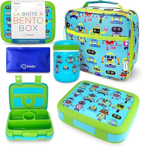 Bento Lunch Box for Kids with Thermo for Hot Food Soup, Insulated Lunch Bag and Ice Cold Pack Set, Stainless Steel Lunch Thermal, Container Boxes with 4 Compartments, Green Robot - color: Robot Set