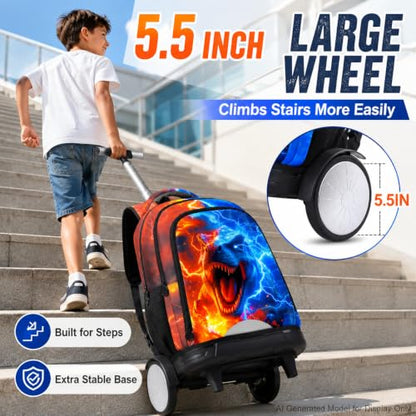 gxtvo Large Wheels & Quiet Glide | Rolling Backpack for Kids - Water-Resistant Wheeled Bag with Lunch Box for School, Travel & Outings - Fire & Lightning Dinosaur - color: Rolling Backpack Fire Lightning Dinosaur
