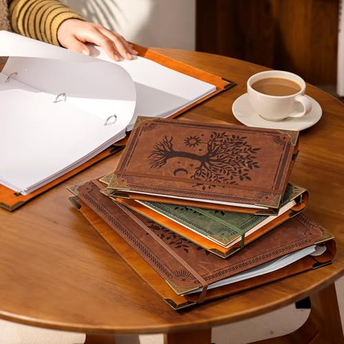 Ovesmusl Leather 3 Ring Binder Fits 8.5"x11" Letter Size Paper, 1 Inch Round Ring Binder Holds 200 Sheets, Notepad Paper Cover Loose Leaf Organizer, Brown Tree - color: Brown Tree, size: 1" Ring
