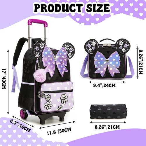 Meetbelify Girls Rolling Backpack with Wheels Kids Wheels Backpack for Girls - color: Bowknot Purple