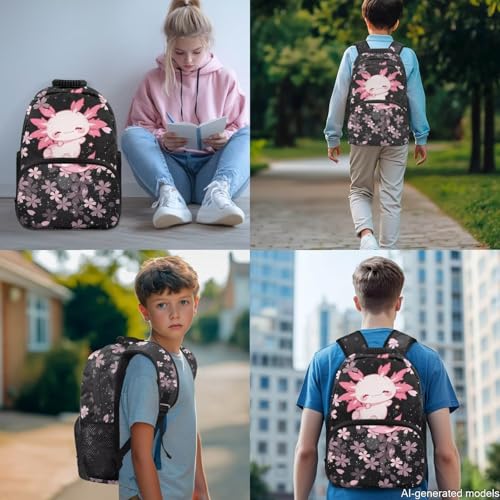 17 Inch Kid's 4PCS Backpack Set, Back to School Essentials | Insulated lunch box, water bottle pouch, pencil case, lightweight, padded shoulder straps, for elementary, middle school - color: Cute Axolotl