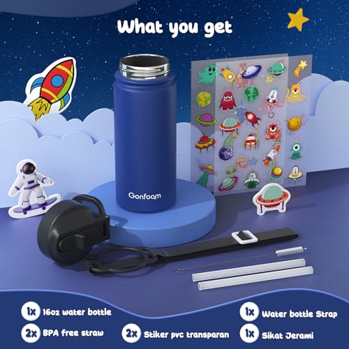 Gonfoam 16oz Kids Water Bottle, Stainless Steel Insulated Cup | DIY Stickers, BPA-free, Leak-proof, Sturdy, Keeps Cold 24h, Easy to Carry, Easy to Clean, Back to School, Gifts - color: Sapphire Blue