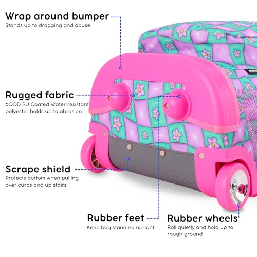 Bundle of J World Sunrise Girls Rolling Backpack with Lunch Box. Roller Bookbag Set + Matching Cody Lunch Bag for School, Puffy Flower