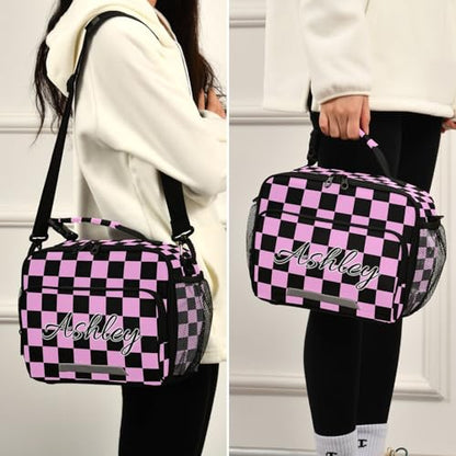 Custom Student Lunch Bag for Boys Girls Pink Black Checkered Personalized Lunch Box With Name Insulated Cooler Bag for School Picnic Travel - color: Multi09