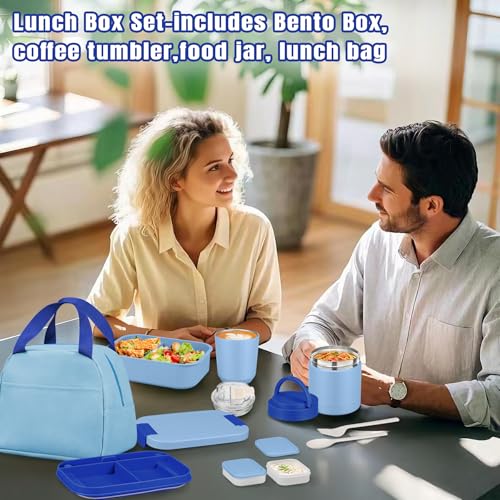 Large Bento Lunch Box Set for Adults Kids Women with 10.5oz Soup Thermo,Coffee Tumblers Men Girls Boys Teenagers Leak-Proof Lunch Food Containers with Lunch Bag - color: Blue