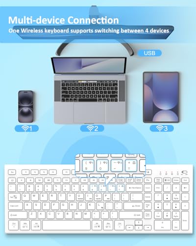 FENIFOX Wireless Keyboard, Bluetooth & 2.4G USB & USB-C Rechargeable Silent Ultra Quiet Low Profile Compact Full Size with Number Pad Soft Multi Device for Mac MacBook Windows PC - White - color: White