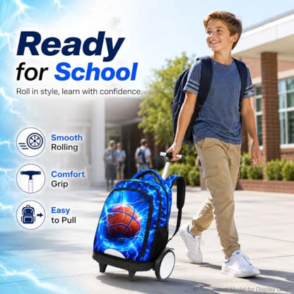 UFNDC Big Wheel Boys Backpack with Wheels, Water-Resistant Rolling School Bag with Lunch Box & Pencil Case, 3-Pack Kids Wheeled Bookbag Travel Set - Lightning Basketball - color: Rolling Backpack Lightning Basketball Blue