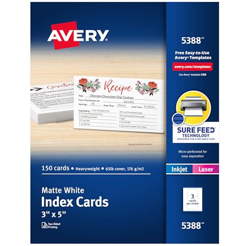 Avery Printable Index Cards, Sure Feed Technology, 3" x 5", Matte White, Laser & Inkjet Compatible, 150 Blank Cards Total, Great for Product Branding, Marketing, and More (5388) - size: True