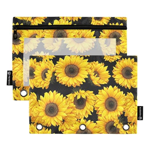 Gredecor Binder Pencil Pouch 3 Ring Floral Flowers Sunflowers Zipper Pencil Pouches Case 2 Pack Clear Binder Organizer for School Office - color: Sunflowers
