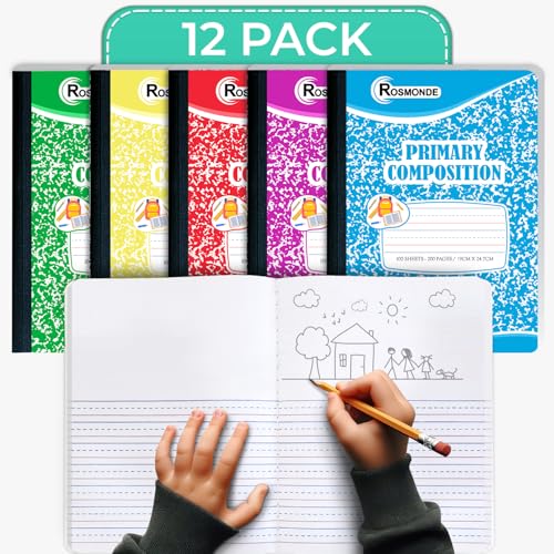 Rosmonde Composition Notebooks Primary Ruled, 12 Pack, 200 Pages (100 Sheets), Draw and Write Journal, Bulk Primary Composition Notebooks, Grades K-2, Hard Cover, Assorted Colors, Colors May Repeat - size: 12 Pack, style: Assorted - Writing & Drawing
