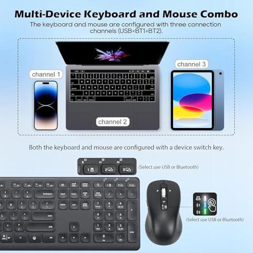 CITLLA Wireless Keyboard and Mouse Combo, Scissor-Switch Keys, 2-in-1 USB Receiver and Two Bluetooth, Multi Device Silent Design for Computer, Laptop, MacBook and iPad (Pure Black) - color: Pure Black