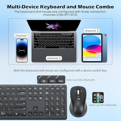 CITLLA Wireless Keyboard and Mouse Combo, Scissor-Switch Keys, 2-in-1 USB Receiver and Two Bluetooth, Multi Device Silent Design for Computer, Laptop, MacBook and iPad (Pure Black) - color: Pure Black