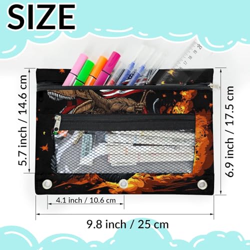 Truck Dinosaur Pencil Pouch for 3 Ring Binder American Flag Pencil Case Bag with Clear Window Zipper Pockets for Kids Girls Boys Students School College Supplies 2 Pack - color: Red Orange