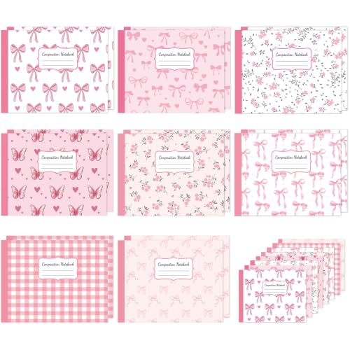 16 Pack Mini Composition Notebooks Bulk College Ruled 7.4'' x 4.7'' Pink Bow Half Size Composition Books 80 Pages Small Pocket Journal Books Back to School Gift for Student Teacher Office Supplies - color: Pink Bow