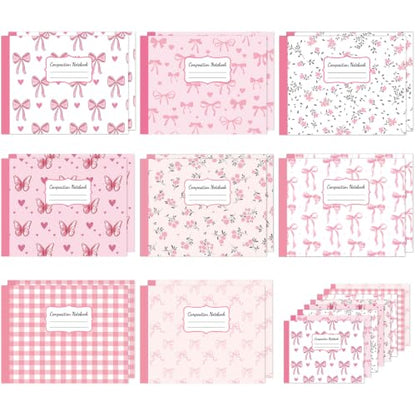 16 Pack Mini Composition Notebooks Bulk College Ruled 7.4'' x 4.7'' Pink Bow Half Size Composition Books 80 Pages Small Pocket Journal Books Back to School Gift for Student Teacher Office Supplies - color: Pink Bow