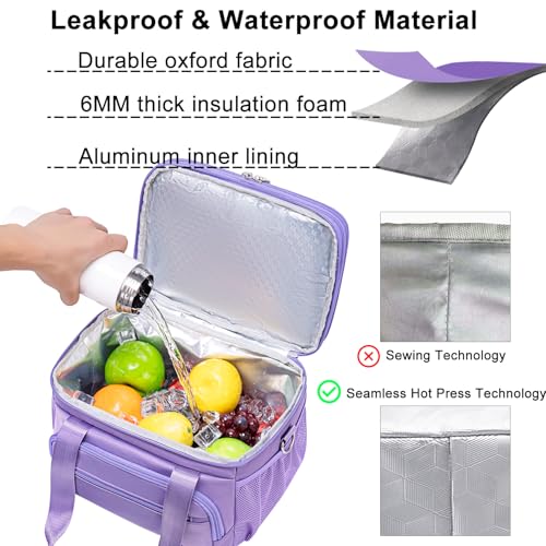 Weitars Insulated Lunch Box for Women Men-Dual Compartment Waterproof Reusable Large Lunch Bag Wide-Open Tote Cooler Bag For Working Picnic Hiking (15L) (Purple) - color: Purple