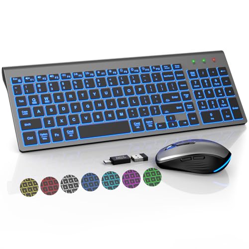 Wireless Keyboard and Mouse Combo Backlit - Compact Quiet Keyboard with RGB Mouse, Rechargeable, Slim, Sleep Mode, Portable Cordless Keyboard Mouse Set for Mac, Windows (Space Gray) - SABLUTE KM61PRO - color: Space Gray