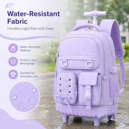 KLFVB Girls Rolling Backpack, 3PCS Wheeled Bookbag with Lunch Bag for Kids, Roller School Bag for Teen - Purple Ribbon Bow - color: Purple Ribbon Bow Rolling Backpack