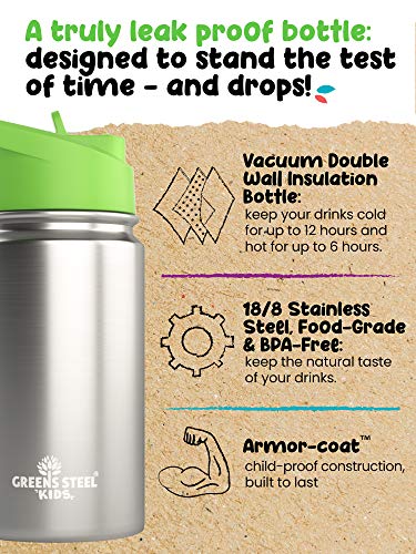 Kids Water Bottle - 12oz Stainless | Leak Proof With Straw & Handle | 24 Hours Cold | Insulated, Double Wall Stainless Steel | Easy Sip Toddler Cup | Child's Flask | Eco Friendly - color: Steel