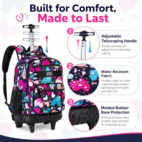 gxtvo Rolling Backpack for Girls, Adults Wheeled Bookbag with Lunch Box for Women, Kids Water Resistant Roller School Bag for College Teens Travel - Love Heart - color: Love Heart