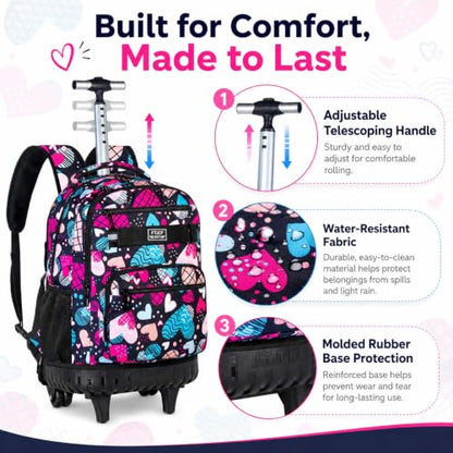 gxtvo Rolling Backpack for Girls, Adults Wheeled Bookbag with Lunch Box for Women, Kids Water Resistant Roller School Bag for College Teens Travel - Love Heart - color: Love Heart