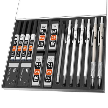 Mr. Pen- Metal Mechanical Pencil Set with Lead Refills & Erasers, 6 Pack | 5 Sizes, 0.3, 0.5, 0.7, 0.9 & 2mm, 8x Tubes Lead Refills & 2x Erasers for School Supplies, Note Taking, Fathers Day Gift