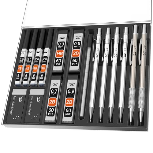 Mr. Pen- Metal Mechanical Pencil Set with Lead Refills & Erasers, 6 Pack | 5 Sizes, 0.3, 0.5, 0.7, 0.9 & 2mm, 8x Tubes Lead Refills & 2x Erasers for School Supplies, Note Taking, Fathers Day Gift