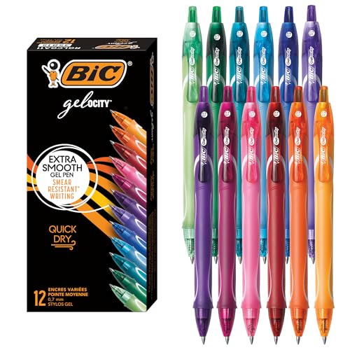 BIC Gelocity Quick Dry Assorted Colors Gel Pens, Medium Point (0.7 mm), School Supplies for Color-Coding Notes, with Full Grip, 12-Count Pack in Assorted Colors - color: Assorted, size: 12 Count (Pack of 1)