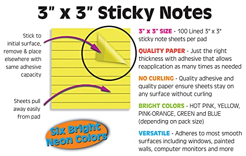 Better Office Products Lined Sticky Notes 3 x 3, 20 Pack Box, 2,000 Sheets (100/Pad), Self Stick Notes with Lines, Bright Assorted Colors, Post Memos, Strong Adhesive, 20 Pads in Box