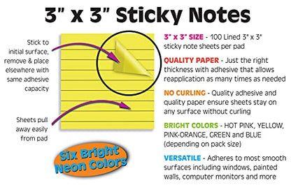 Better Office Products Lined Sticky Notes 3 x 3, 20 Pack Box, 2,000 Sheets (100/Pad), Self Stick Notes with Lines, Bright Assorted Colors, Post Memos, Strong Adhesive, 20 Pads in Box