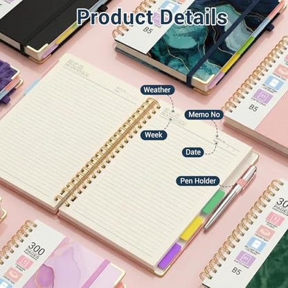Hardcover Spiral Journal Notebook, 300 Pages 5 Subject Notebook College Ruled with Removable Dividers Tabs, 8" x 10" Notebooks for Work, Spiral Ruled Lined Writing Journal Hardcover Leather Notebook for School (Dark blue marble, 8''x 10'') - color: Dark b