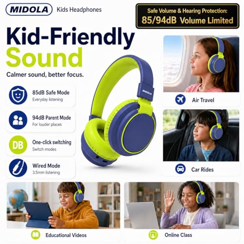 MIDOLA Kids Bluetooth Headphones 68H Play Time,Volume Limit 85/94dB, Foldable Lightweight Wireless Over-Ear Headphone for Toddler Kid Child Pad,Headsets with Aux Built-in Mic Deepblue - color: DeepBlueSky