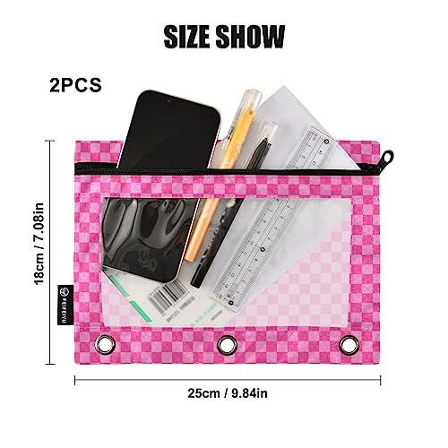 Pink Checkered Pencil Pouch for 3 Ring Binder 2 Pack Binder Pencil Pouches Zippered Clear Pencil Case Cosmetic Bag for Home Office College Supplies - color: 23-pink