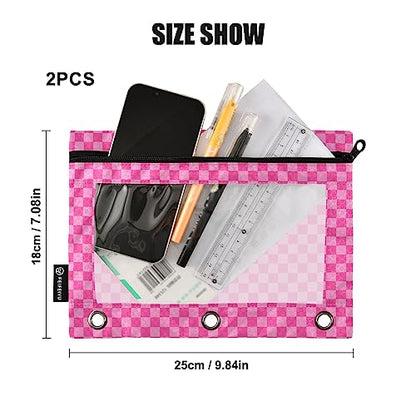 Pink Checkered Pencil Pouch for 3 Ring Binder 2 Pack Binder Pencil Pouches Zippered Clear Pencil Case Cosmetic Bag for Home Office College Supplies - color: 23-pink
