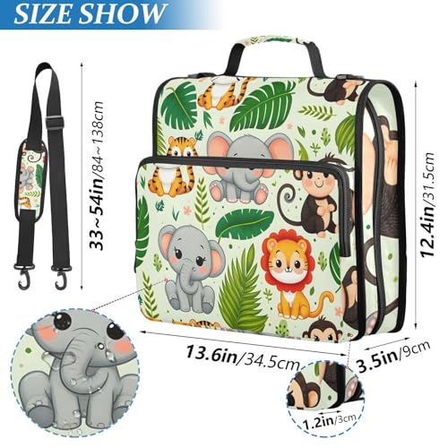 3 Ring Zipper Binder with Shoulder Strap Jungle Animals Palm Leaf 2 Inch Zippered Binder Bag 500 Sheet Capacity Multi Pockets for School Supplies - color: Multi1